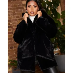 Chi Chi London Plus Size Plush Faux Fur Coat in Black