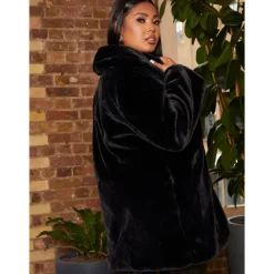 Chi Chi London Plus Size Plush Faux Fur Coat in Black