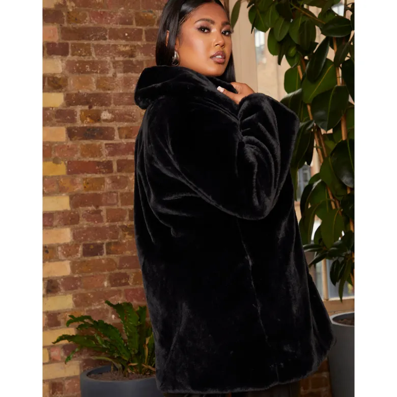 Chi Chi London Plus Size Plush Faux Fur Coat in Black