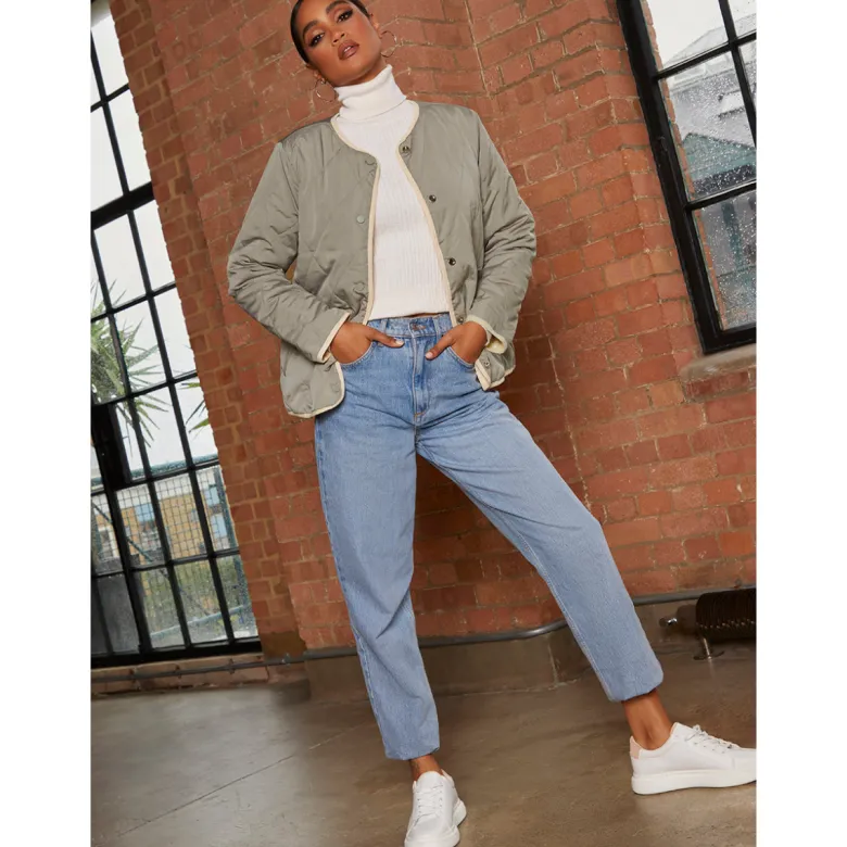 Chi Chi London Reversible Quilted Short Jacket in Cream and Khaki