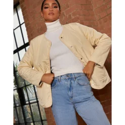 Chi Chi London Reversible Quilted Short Jacket in Cream and Khaki