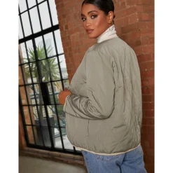 Chi Chi London Reversible Quilted Short Jacket in Cream and Khaki