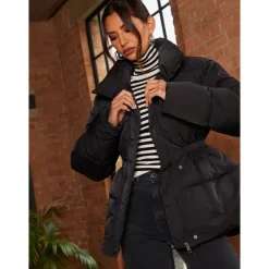 Chi Chi London Shirred Waist Short Padded Jacket in Black