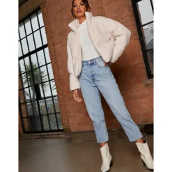 Chi Chi London Short Padded Borg Coat in Cream