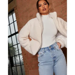 Chi Chi London Short Padded Borg Coat in Cream