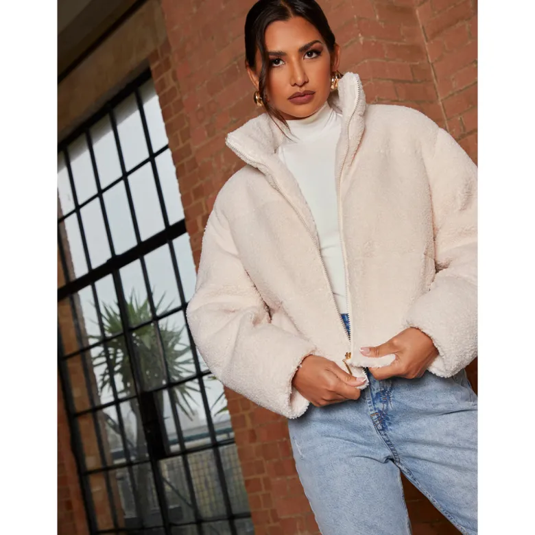 Chi Chi London Short Padded Borg Coat in Cream