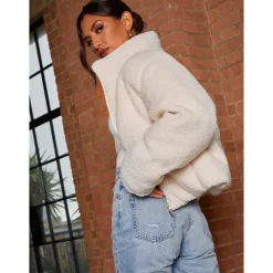 Chi Chi London Short Padded Borg Coat in Cream