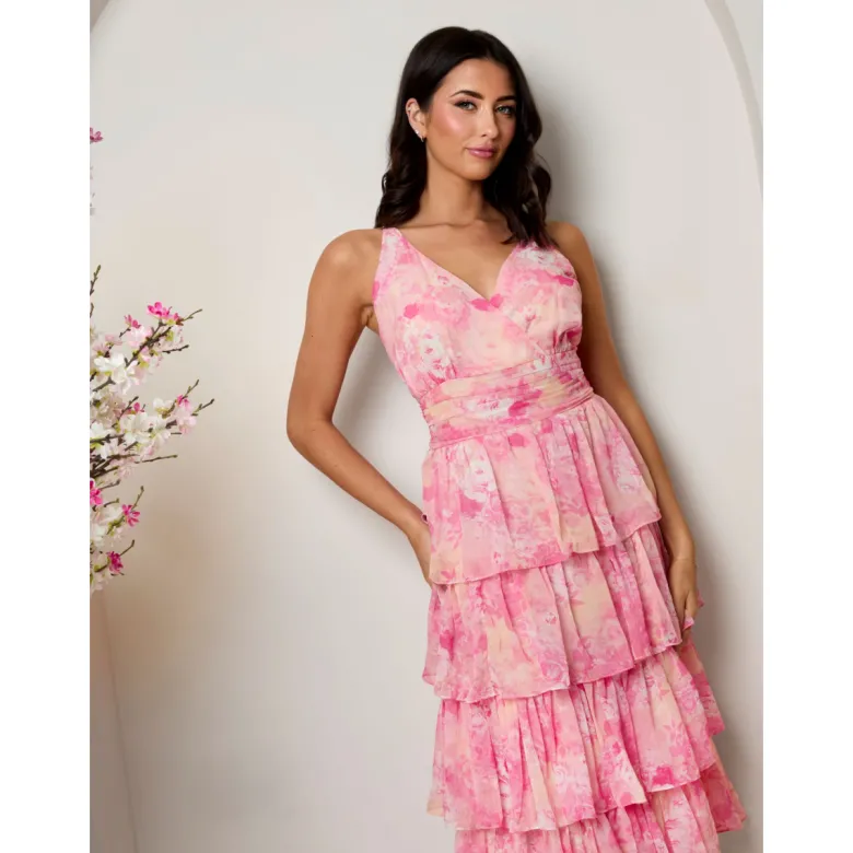 Chi Chi London Sleeveless Floral Print Midi Dress in Pink