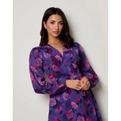 Chi Chi London V Neck Floral Printed Chiffon Dress in Purple