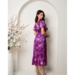 Chi Chi London V Neck Floral Wrap Midi Dress in Multi