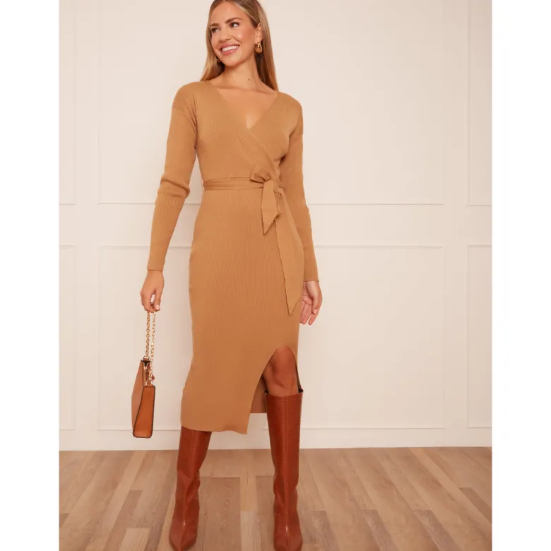 Chi Chi London Wrap Split Side Knitted Midi Dress in Camel