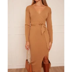 Chi Chi London Wrap Split Side Knitted Midi Dress in Camel