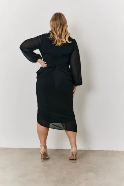 Chiffon Long Sleeve Slit Detail Midi Dress