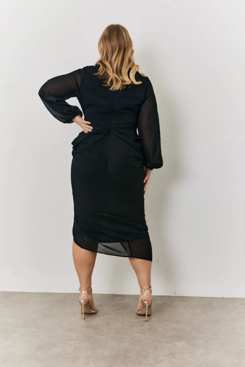 Chiffon Long Sleeve Slit Detail Midi Dress