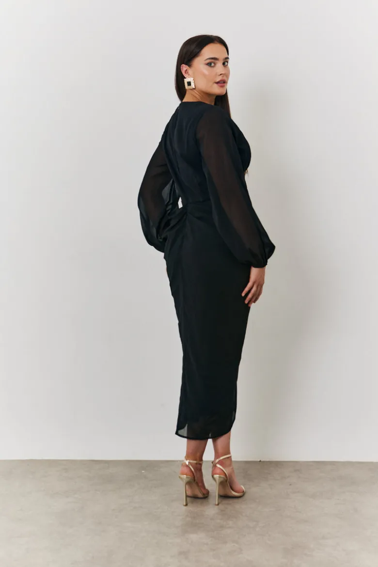 Chiffon Long Sleeve Slit Detail Midi Dress