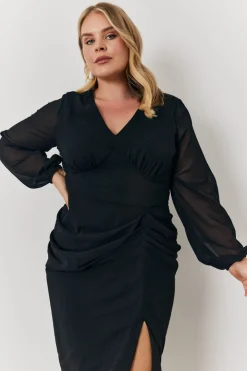 Chiffon Long Sleeve Slit Detail Midi Dress