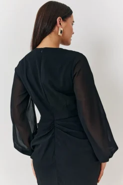 Chiffon Long Sleeve Slit Detail Midi Dress
