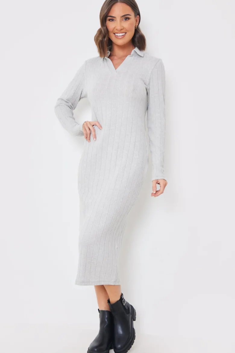 Collared Brushed Rib Midi Dress