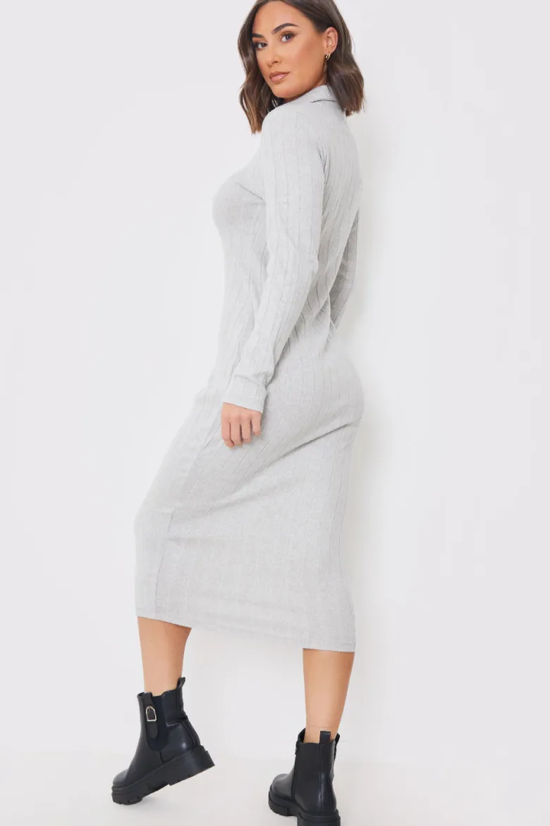 Collared Brushed Rib Midi Dress