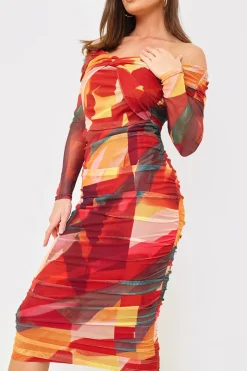 Contrast Mesh Twist Midi Dress