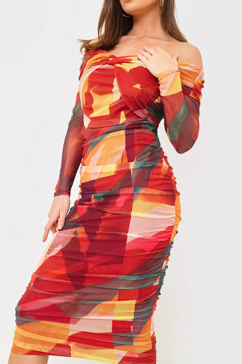 Contrast Mesh Twist Midi Dress