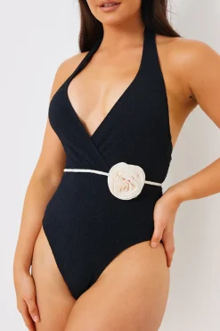 Control Halter Wrap Swimsuit With Removable Corsage Belt