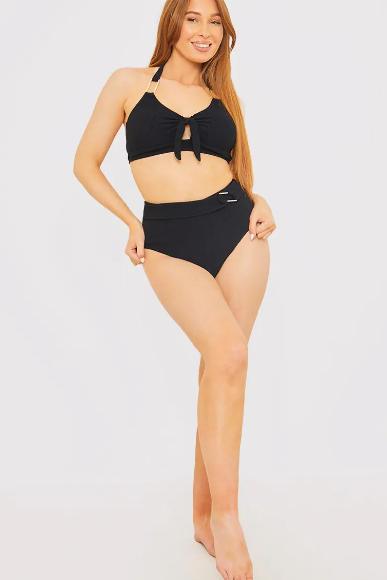 Control Textured Gold Bar Detail High Waisted Bikini Bottom