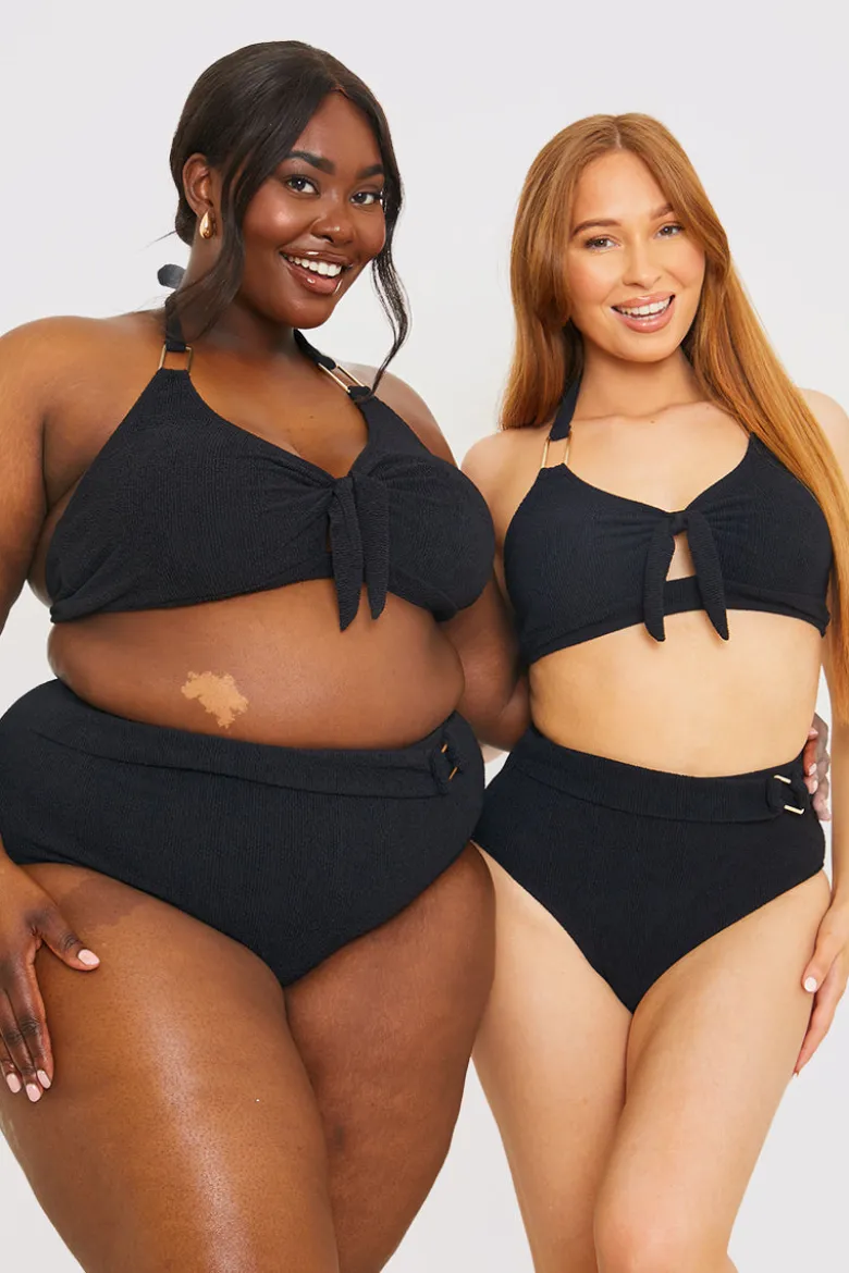 Control Textured Gold Bar Detail High Waisted Bikini Bottom