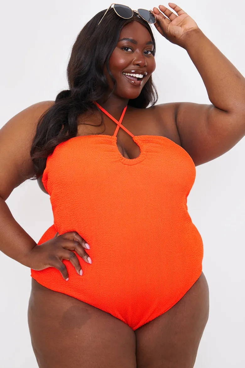 Control Textured Keyhole Front Halter Neck Swimsuit
