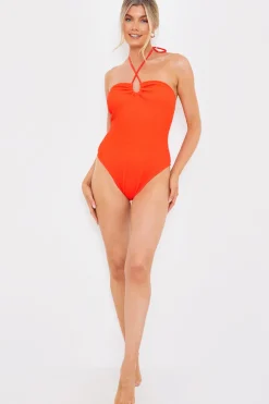 Control Textured Keyhole Front Halter Neck Swimsuit