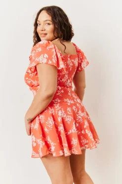 Coral Floral Print Chiffon Flutter Sleeve Mini Dress