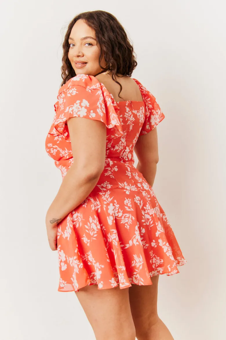 Coral Floral Print Chiffon Flutter Sleeve Mini Dress