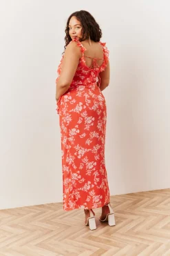 Coral Floral Print Chiffon Frill Detail Maxi Dress