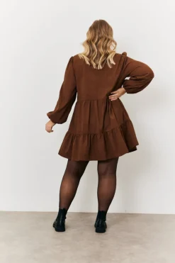 Corduroy Balloon Sleeve Button up Tiered Smock Dress