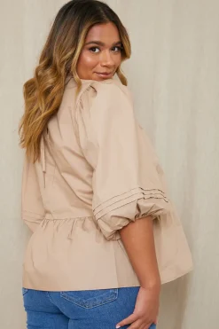 Cotton Puff Sleeve Tie Back Blouse