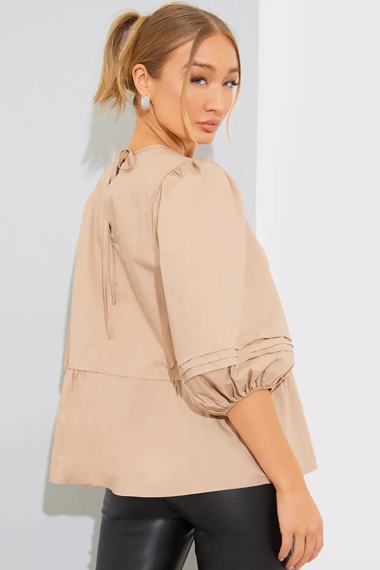 Cotton Puff Sleeve Tie Back Blouse