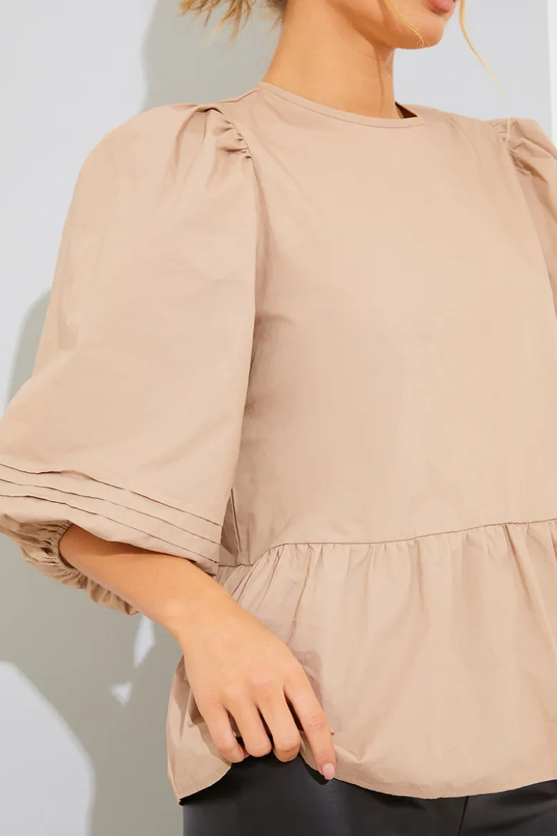 Cotton Puff Sleeve Tie Back Blouse