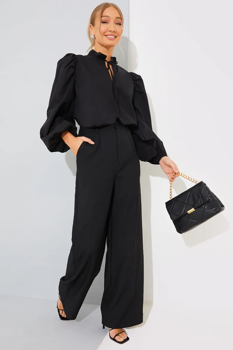 Cotton Puff Sleeve Tie Front Blouse