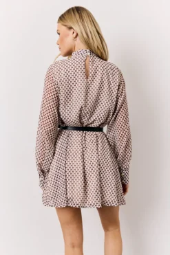 Cream Geometric Print Chiffon High Neck Mini Swing Dress