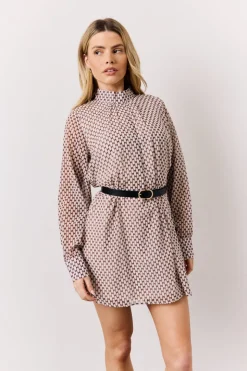 Cream Geometric Print Chiffon High Neck Mini Swing Dress