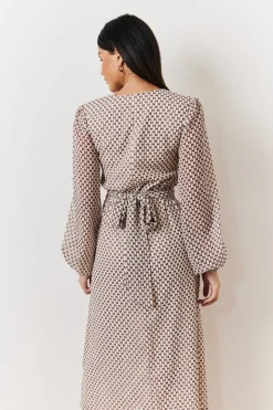 Cream Geometric Print Chiffon Balloon Sleeve Wrap Midi Dress