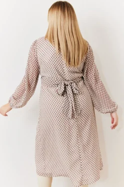 Cream Geometric Print Chiffon Balloon Sleeve Wrap Midi Dress