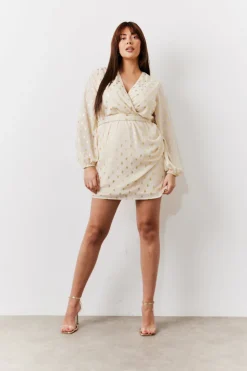 Cream Gold Fleck Detail Belted Mini Dress