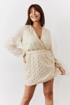 Cream Gold Fleck Detail Belted Mini Dress
