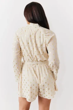 Cream Gold Fleck Detail High Neck Belted Playsuit