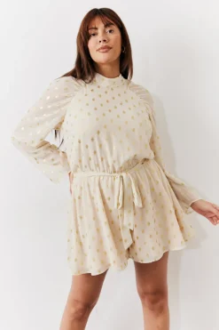 Cream Gold Fleck Detail High Neck Belted Playsuit