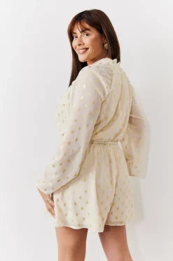 Cream Gold Fleck Detail High Neck Belted Playsuit