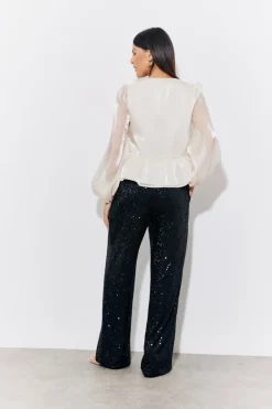 Cream Organza Tie Front Puff Sleeve Top