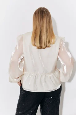 Cream Organza Tie Front Puff Sleeve Top