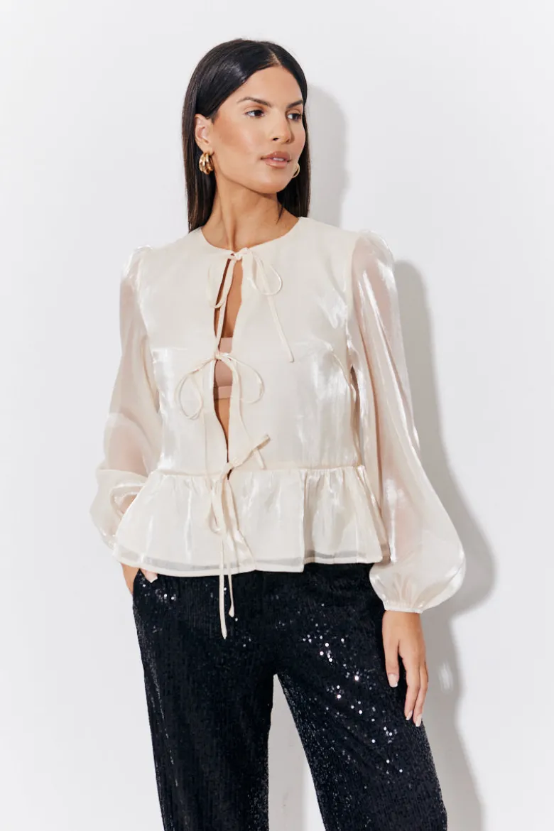 Cream Organza Tie Front Puff Sleeve Top